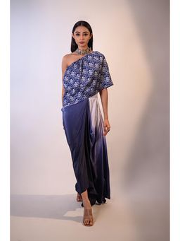 "Two Sisters" by Gyans - Blue Satin One Shoulder Printed Dress