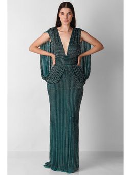 "Two Sisters" by Gyans - Green Lycra Plunging Neck Embellished/Sequined Dress