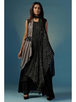 "Two Sisters" by Gyans - Black Crepe Round Neck Embellished/Sequined Dress with Belt