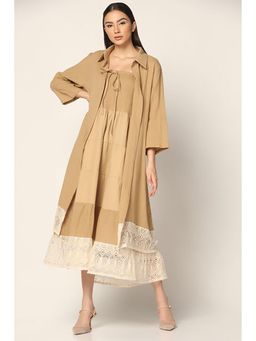 "Two Sisters" by Gyans - Beige Cotton Square Neck Embroidered Dress