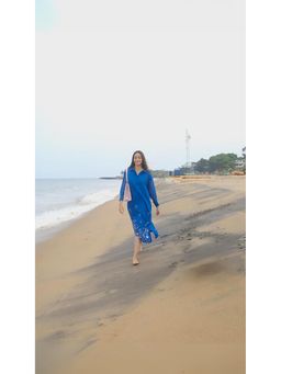 KAVANA - Women Floral Embroidered Blue Firdaus Chanderi A-Line Midi Dress