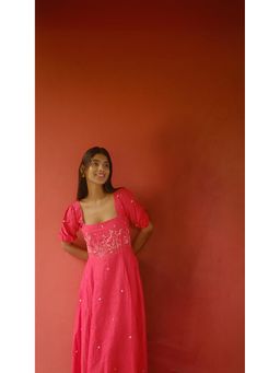 KAVANA - Women Floral Embroidered Red Aaira Linen A-Line Maxi Dress