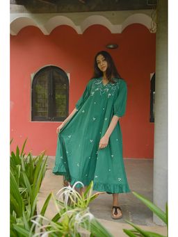 KAVANA - Women Floral Embroidered Green Inaya Cotton A-Line Midi Dress