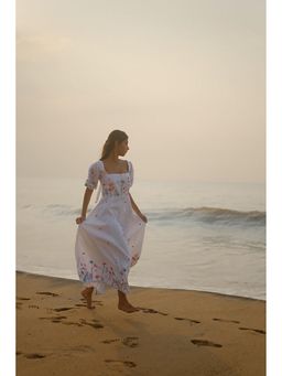 KAVANA - Women Floral Embroidered Off White Zara Linen A-Line Maxi Dress