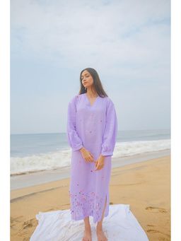 KAVANA - Women Floral Embroidered Lavender Anaya Linen A-Line Maxi Dress