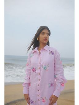 KAVANA - Women Floral Embroidered Pink Maira Linen Shirt Maxi Dress