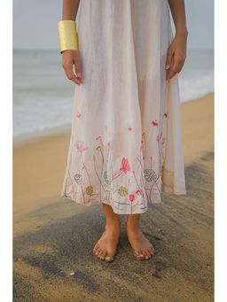 KAVANA - Women Floral Print Cream Gulnaar Linen A-Line Midi Dress