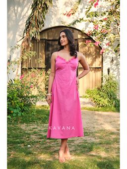 KAVANA - Women Pink Litchi A-Line Midi Dress