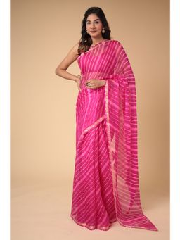 Zari Jaipur - Kota Doria Saree with Leheriya Texture with Unstitched Blouse Pink