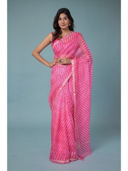 Zari Jaipur - Kota Doria Saree with Leheriya Texture with Unstitched Blouse Pink