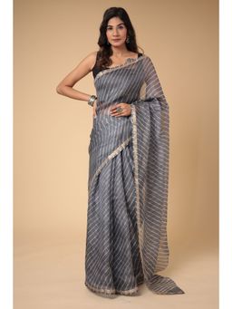Zari Jaipur - Kota Doria Saree with Leheriya Texture with Unstitched Blouse Grey