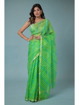 Zari Jaipur - Kota Doria Saree with Leheriya Texture with Unstitched Blouse Green