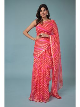 Zari Jaipur - Kota Doria Saree with Leheriya Texture with Unstitched Blouse Orange