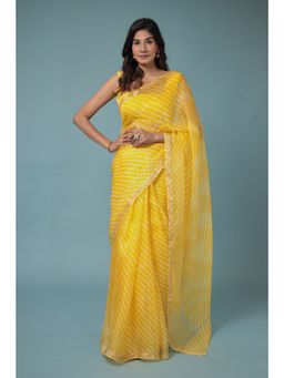 Zari Jaipur - Kota Doria Saree with Leheriya Texture with Unstitched Blouse Yellow