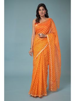Zari Jaipur - Kota Doria Saree with Leheriya Texture with Unstitched Blouse Orange