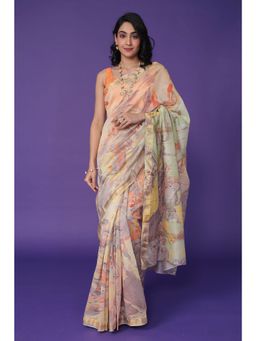 Zari Jaipur - Chanderi Cotton Saree with Prints with Unstitched Blouse Multi-Color