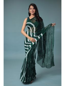 Zari Jaipur - Chiffon Saree with Leheriya & Bandhej Texture with Unstitched Blouse Green