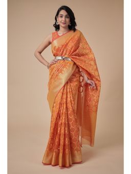 Zari Jaipur - Kota Doria Saree with Handloom Texture with Unstitched Blouse Orange