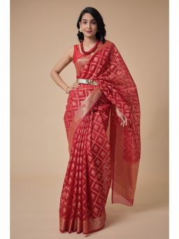 Zari Jaipur - Kota Doria Saree with Handloom Texture with Unstitched Blouse Red