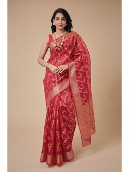 Zari Jaipur - Kota Doria Saree with Handloom Texture with Unstitched Blouse Red