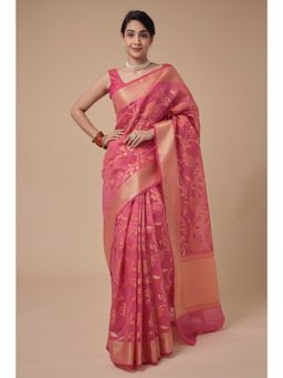 Zari Jaipur - Kota Doria Saree with Handloom Texture with Unstitched Blouse Pink