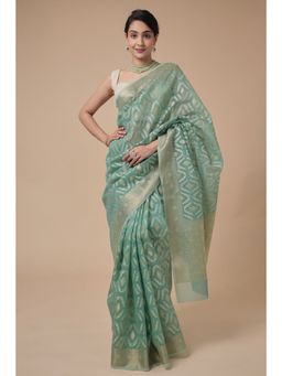 Zari Jaipur - Kota Doria Saree with Handloom Texture with Unstitched Blouse Green
