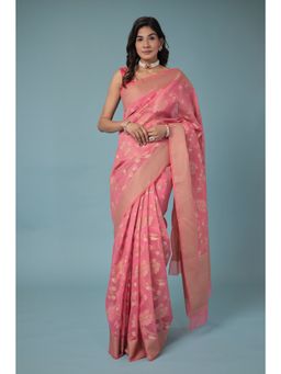 Zari Jaipur - Silk Blend Saree with Handloom Texture with Unstitched Blouse Pink