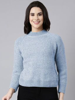 SHOWOFF - Women Blue Textured Knit Pullover Sweater
