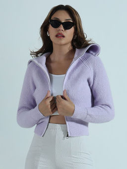SHOWOFFFF - Edition Women Ribbed Lavender Polo Collar Cardigan