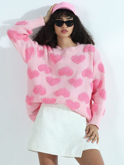 SHOWOFF - Edition Women Pink Oversized Sweater with Self Design Hearts & Pearls