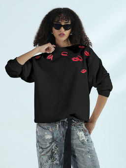 SHOWOFF - Edition Women Black Oversized Round Neck Sweatshirt with Kiss Marks