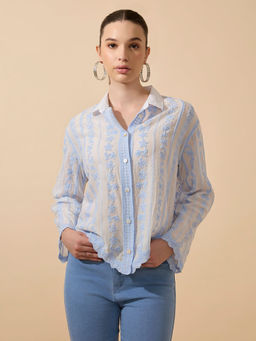 SHOWOFF - Edition Women Embroidered Blue Full Sleeves Shirt with Lace Detail