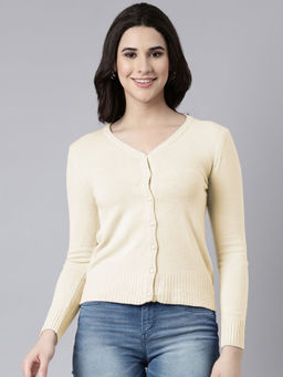SHOWOFF - Women Cream Button-Down V-Neck Cardigan