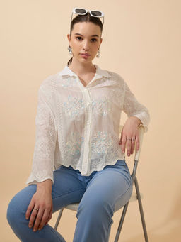 SHOWOFF - Edition Women Sequin Self Design White Full Sleeves Shirt with Lace Detail