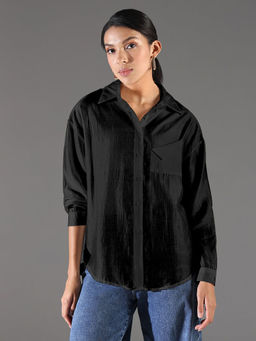 SHOWOFF - Women Textured Black Relaxed Fit Shirt