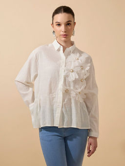 SHOWOFF - Edition Women Textured White Shirt with 3D Floral Applique & Pearl Detailing