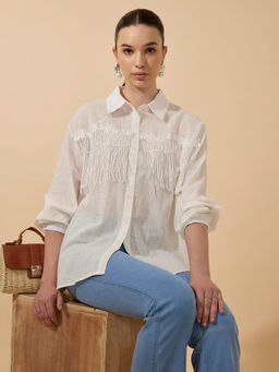 SHOWOFF - Edition Women Solid White Relaxed Fit Shirt with Lace & Fringe Detail