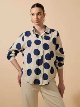 SHOWOFF - Edition Women Polka Dots Navy Blue Full Sleeves Shirt Collar Relaxed Fit Shirt