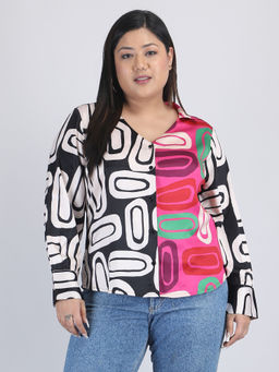 SHAYE - Collar Neck Black Printed Long Sleeves Casual Shirt for Women