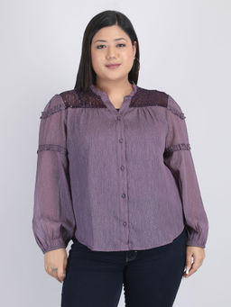 SHAYE - Mandarin Neck Purple Solid Long Sleeves Party Shirt for Women