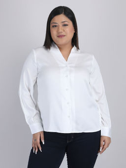 SHAYE - V-Neck White Solid Long Sleeves Casual Shirt for Women