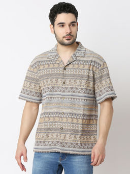 Spykar - Men Relaxed Cotton Blend Printed Beige Casual Shirt