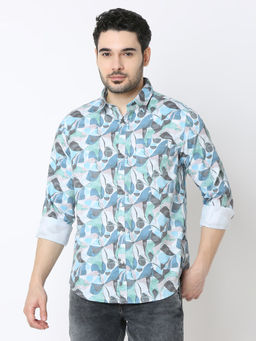 Spykar - Men Slim Cotton Blend Printed Blue Casual Shirt