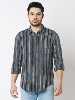 Spykar - Men Slim Cotton Blend Striped Navy Blue Casual Shirt