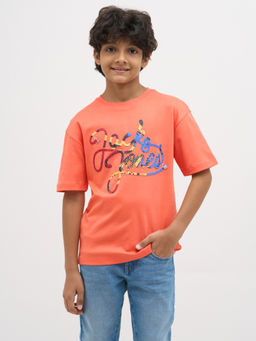 Jack & Jones Junior - Boys Typographic Regular Fit Orange T-Shirt