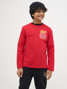 Jack & Jones Junior - Boys Typographic Regular Fit Red T-Shirt
