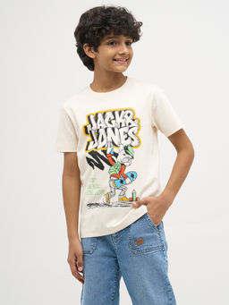 Jack & Jones Junior - Boys Typographic Regular Fit Beige T-Shirt