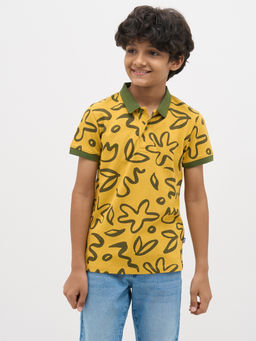 Jack & Jones Junior - Boys Abstract Print Regular Fit Yellow Polo T-Shirt