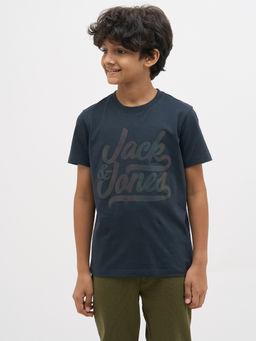 Jack & Jones Junior - Boys Typographic Regular Fit Dark Blue T-Shirt