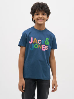 Jack & Jones Junior - Boys Typographic Regular Fit Blue T-Shirt